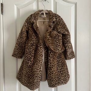 Tahari Leopard Print Faux Fur Jacket & Gold Sleeveless Dress With Matching Purse